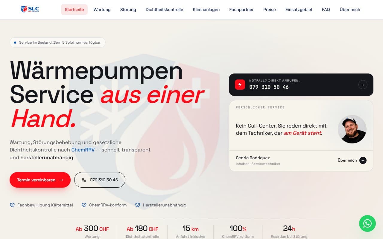 Homepage of sl-control.ch, a German language heat pump service site