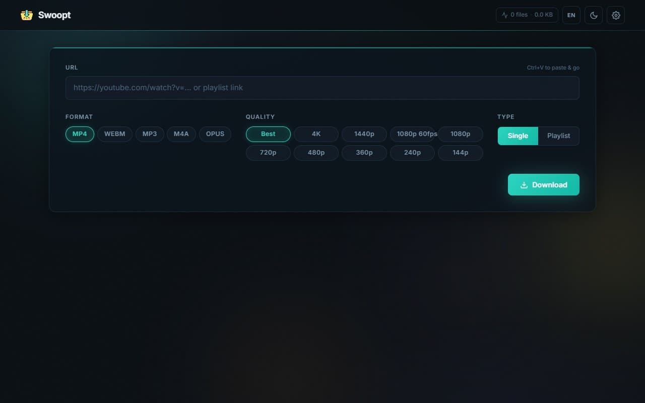 Swoopt interface: URL input with format and quality options
